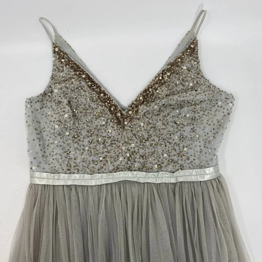 BHLDN Gray Gold Beaded Tulle Maxi Dress | Size 14 - Picture 11 of 12